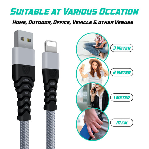 USB Lightning Charging Cable 3M Pack of 3 Braided iPhone Charger Cable Heavy Duty Quick Charger Long Lead - TradeNRG UK